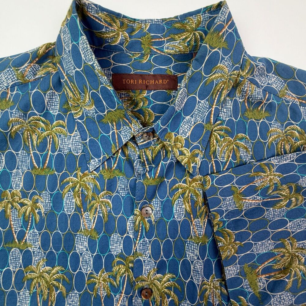 Tori Richard Blue Palm Tree Hawaiian Shirt Large